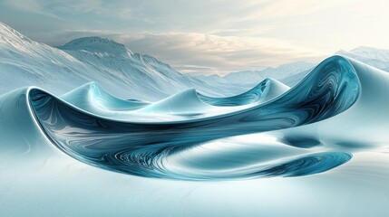 Abstract blue ice waves flowing smoothly over a snowy landscape with distant mountains under cloudy sky creating a serene arctic scene