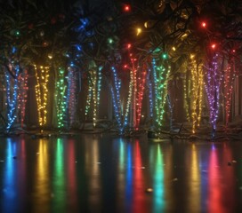 Vibrant red, green, blue, & yellow Christmas lights twinkle festively ,  abstract,  yellow