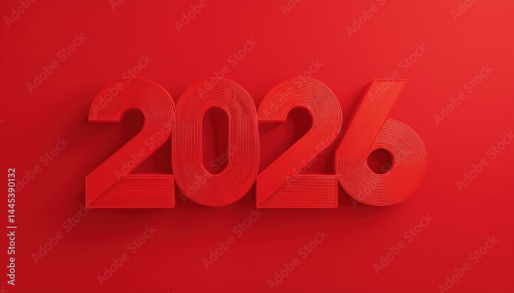 Poster bold red 2026 new year typography in layered line style on vibrant background for modern branding, p