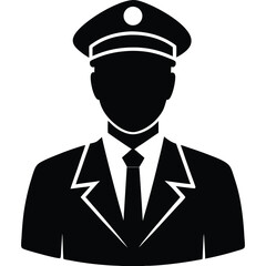 A black silhouette of a pilot in uniform, wearing a cap, conveying a sense of authority and professionalism  © Suplab_Designer