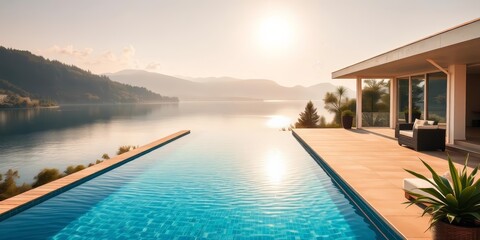 Sun-drenched lakeside home, infinity pool, expansive sunroom,  sunlight,   swimmming pool