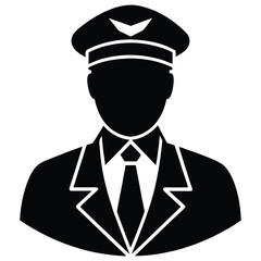 A black silhouette of a pilot in uniform, wearing a cap, conveying a sense of authority and professionalism  © Suplab_Designer