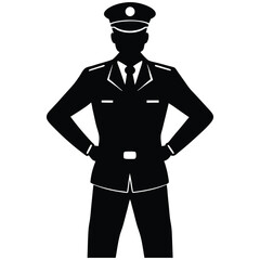 A black silhouette of a police officer standing with hands on hips, wearing a uniform and hat, conveying a sense of authority and presence