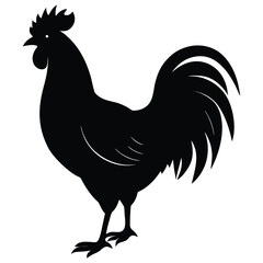 A black silhouette of a rooster standing in profile, showcasing its distinctive comb, tail feathers, and overall shape 