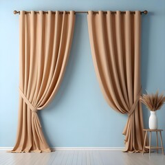 Beige Curtains Draped Against a Light Blue Wall