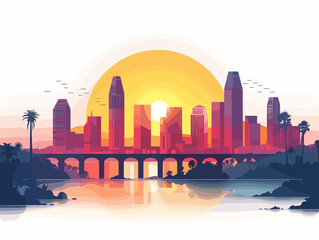 Modern San Diego City Skyline with Colorful Buildings and Reflections, Vector Illustration