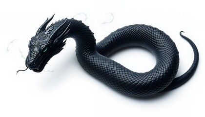 Obraz premium Dark Snake Like Cubic Creature with Glowing Green Eyes Isolated on White Background a Mystical Beast Clipart Illustration