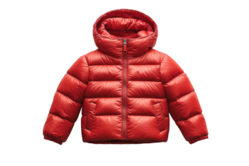 Red kids puffer jacket warm winter coat stylish hooded design shiny fabric perfect for cold weather