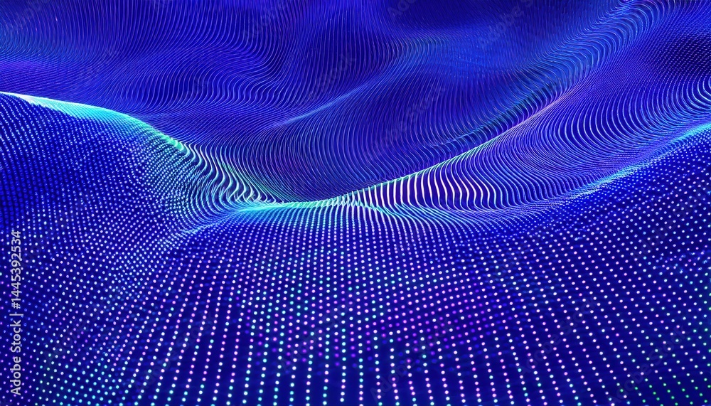 Poster abstract 3d glowing wave of blue and violet dots for futuristic web design, digital branding, ui background, motion graphics, and print media

