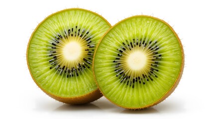 Fototapeta premium Photorealistic close-up of a sliced kiwi fruit with juicy texture and vibrant green color, isolated on a white background, no text or branding