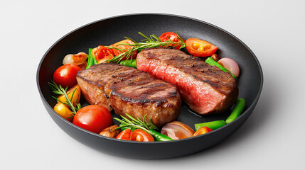 Juicy grilled steak with fresh vegetables in a black pan