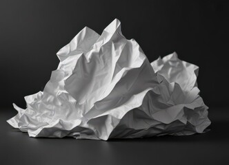 Softly lit, crumpled white paper rests on a dark surface, showing deep shadows and creases , crumpled,  soft