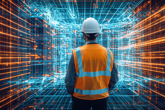 Architect wearing safety helmet and vest analyzing holographic projection of a building structure