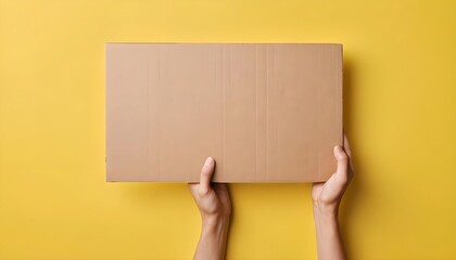 Fototapeta premium Hands Holding Blank Cardboard Sign on Yellow Background