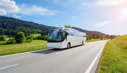 A modern blue intercity bus with tinted windows travels along a scenic curved asphalt road surrounded by lush green hills and pine forests. The landscape features clear blue skies, distant mountain ra
