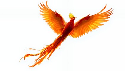 Fototapeta premium Fiery Phoenix Illustration Isolated on White Background with Orange and Red Plumage Spreading its Wings in a Majestic Pose Perfect for Fantasy Themed Designs and Digital Art