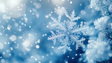 Intricate snowflake in a tranquil winter scene with falling snow and frosted branches