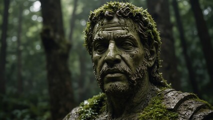 Obraz premium A statue of Elamis, god of forgotten blessings, moss-covered face once worshipped by many, now known by none