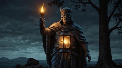 Fototapeta premium A statue of Lipanos, twilight herald, holding a lantern of dusk to illuminate the way for lost souls