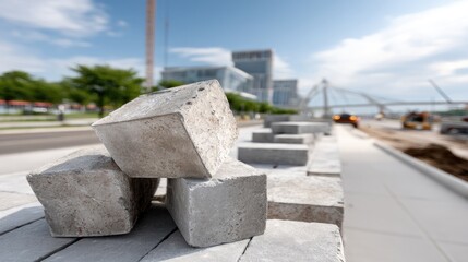 A stack of gray paver bricks shows one brick fallen over during installation, revealing an empty space between two rows in clear sunlight