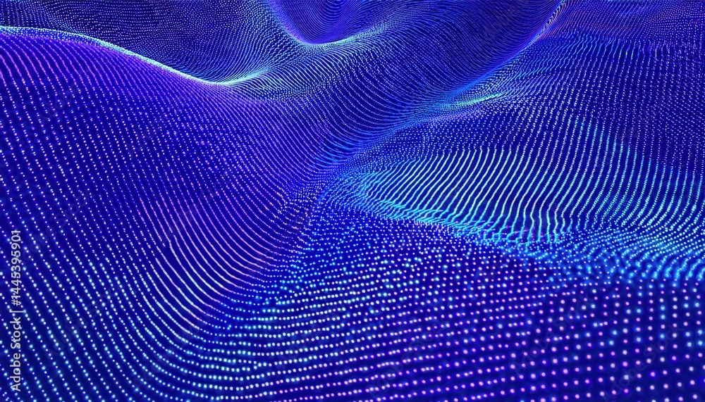 Poster abstract 3d glowing wave of blue and violet dots for futuristic web design, digital branding, ui bac