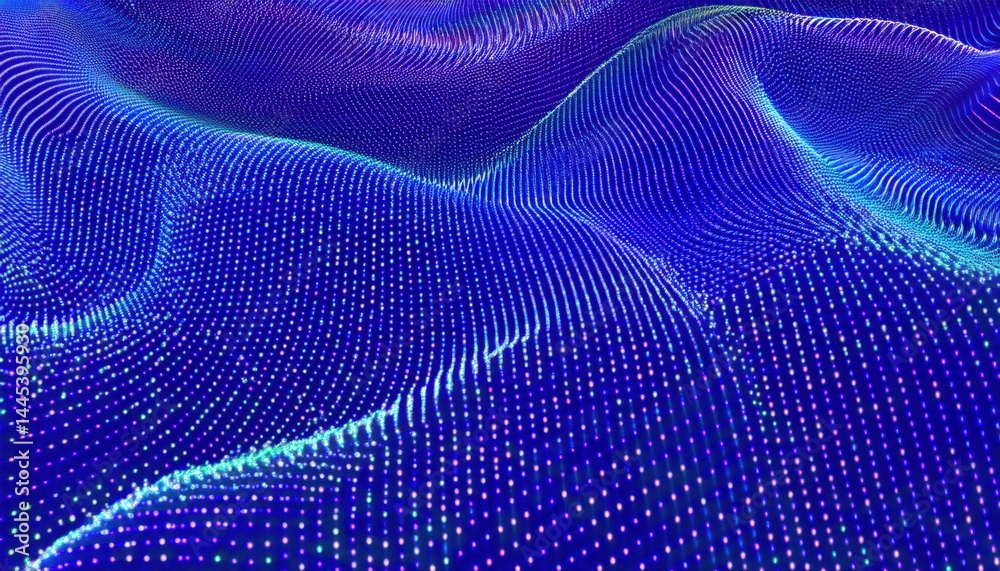 Poster abstract 3d glowing wave of blue and violet dots for futuristic web design, digital branding, ui bac