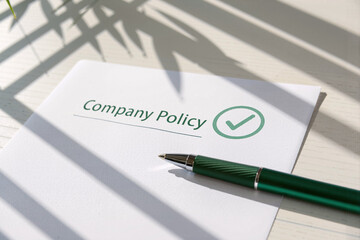 Company policy compliance with approved check mark and pen