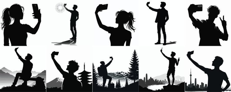 Vector Silhouette Set: People Taking Selfies