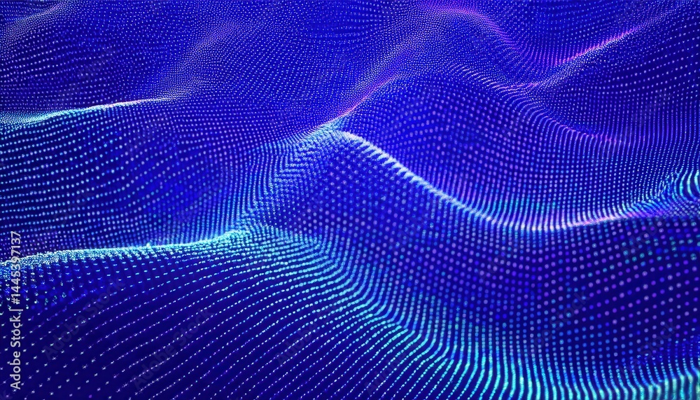 Poster abstract 3d glowing wave of blue and violet dots for futuristic web design, digital branding, ui bac