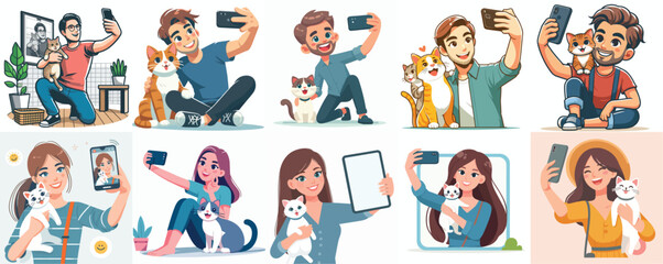Vector Set: People Taking Selfies with Their Cats