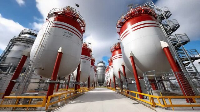 Industrial Silos in the Daylight: A striking perspective of a row of towering industrial silos, their metallic forms gleaming under the bright daylight.