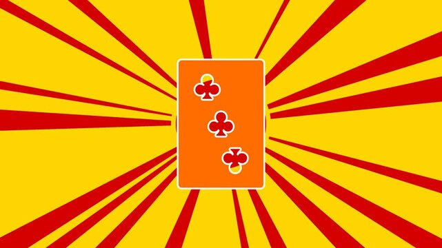 Three of Clubs playing card on the background of animation from moving rays of the sun. Large orange symbol increases slightly. Seamless looped 4k animation on yellow background