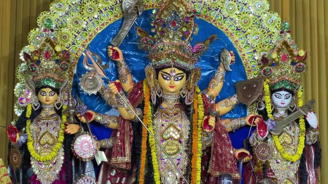Traditional styled Durga idol at a zamindar badi in Kolkata, India.