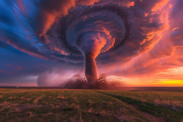 Breathtaking convergence of beautiful tornado and twilight, showcasing beautiful mesmerizing sky and swirling vortex in beautiful display of nature's power and beauty  