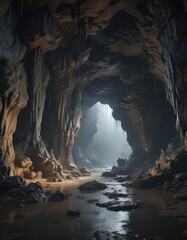 Gloomy cave interior, wet, stalactite formations ,  karst,  design,  formation