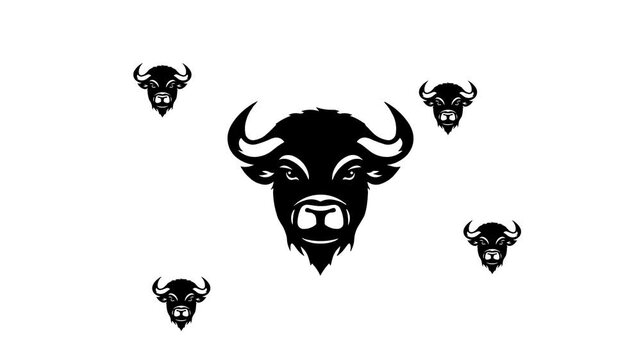 Zoom in and out animation the buffalo symbol. Large black symbol in the center and four small symbols around. Seamless looped 4k animation on white background