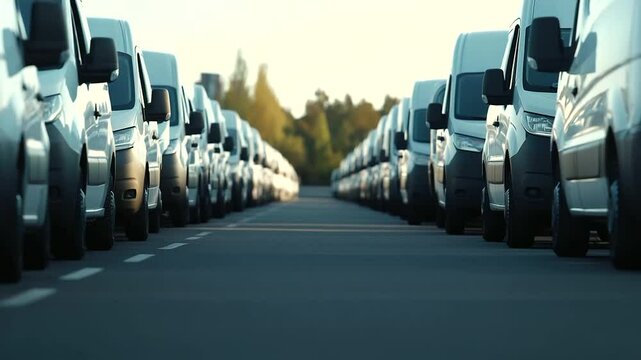 Parked fleet of vans stretches into the distance on urban road, clear skies overhead. Logistics and shipping mobility concept.