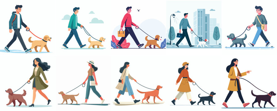 Vector Set: People Walking Dogs on Leashes
