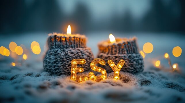 Cozy winter candles and glowing lights in snowy landscape