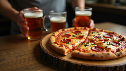 Casual Home Setting with Friends Enjoying Pepperoni Pizza and Craft Beer - Rustic Wooden Board and Empty Space for Text
