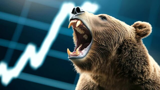 Ferocious brown bear mid-roar with animated financial graph nosediving in background, symbolizing bearish economy