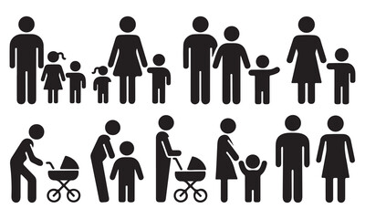 Diverse Family and Caregiver Silhouette Icons Vector Set – Inclusive People Pictograms.  family, caregiver, silhouette, vector, icons, inclusive, parenting, children. Family, relationship icon set