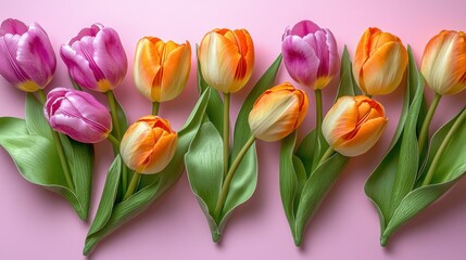 Fototapeta premium Vibrant Tulip Flowers in Bright Pink Orange and Yellow Colors Arranged with Green Leaves on a Soft Pastel Pink Background for Sp and Nature Decorations