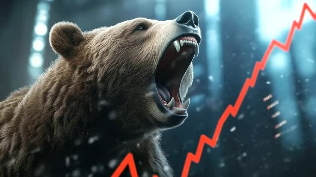 Ferocious brown bear mid-roar with animated financial graph nosediving in background, symbolizing bearish economy