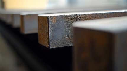 Industrial metal bars in close-up view manufacturing facility still life textured surface abstract concepts