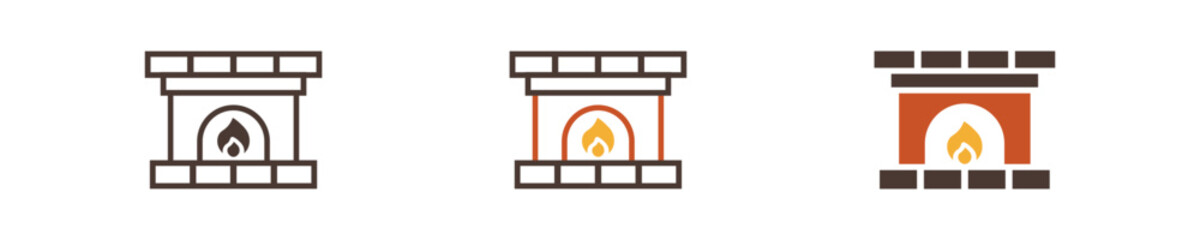 Fireplace icon set. Fire icon in vector design style. Flame in fireplace graphic sign. Warmth in home illustration
