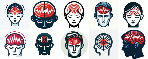 Naklejka premium Headache, Migraine, and Brain Activity Icons Set