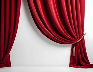 Red Velvet Curtains Pulled Back on White Background