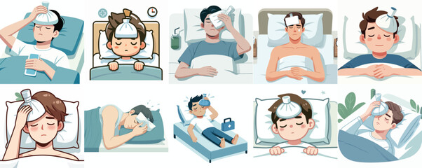 Vector Set: Sick Characters Using Cold Compress for Fever or Headache