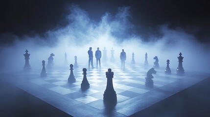 Silhouetted figures stand on a misty chessboard, strategizing amidst a game